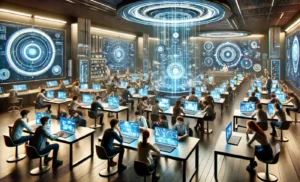Futuristic high-tech classroom with students using AI-powered study tools and advanced learning gadgets.